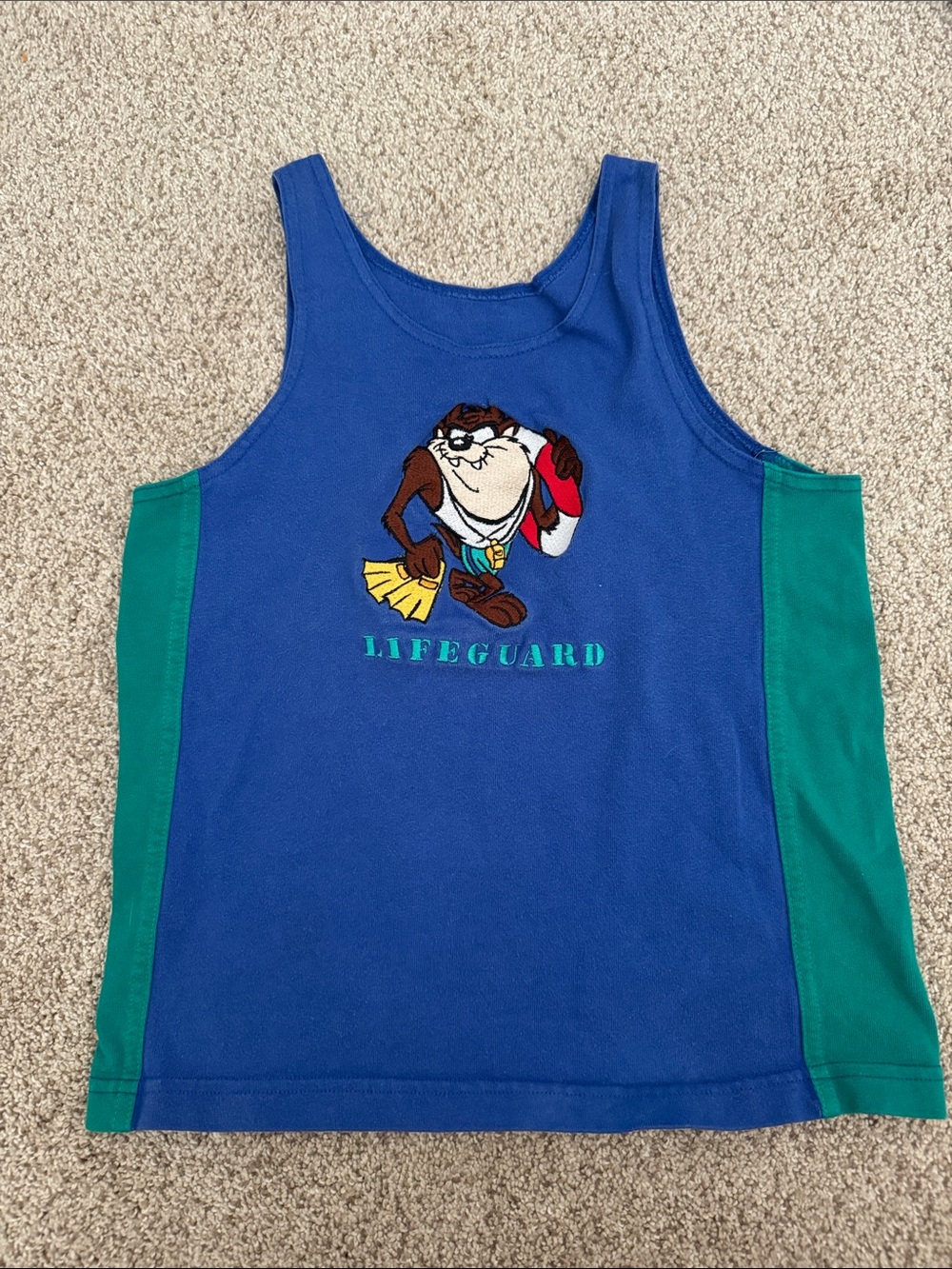 90s Vtg Blue & Green Kids Lifeguard Taz Tank Top looney toons
